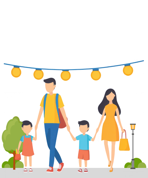 Family walking down a festival street