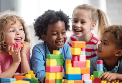 Smiling kids playing with multi colored toy blocks generated by artificial intelligence